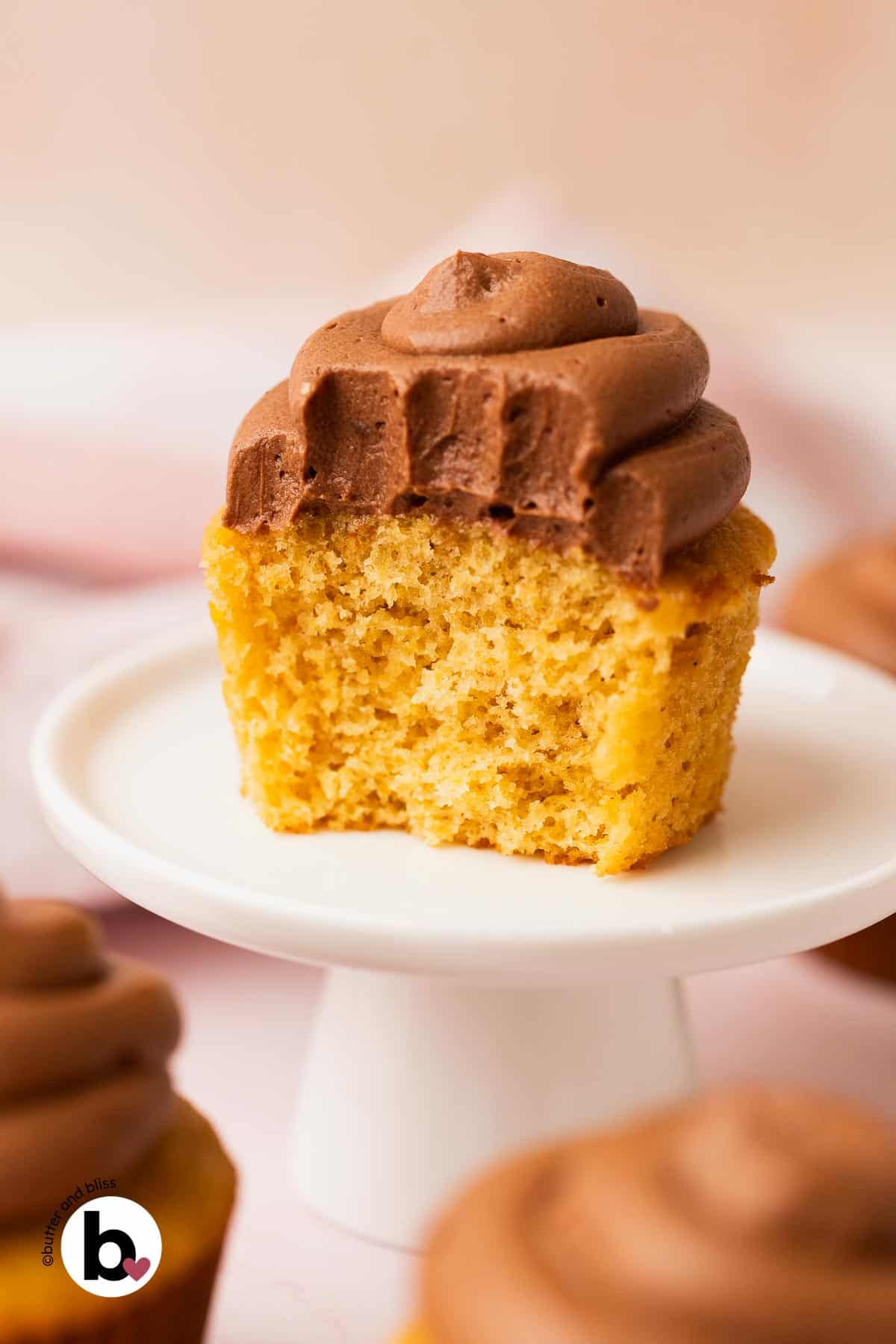 Peanut butter cupcake topped with chocolate frosting on a mini cupcake stand.