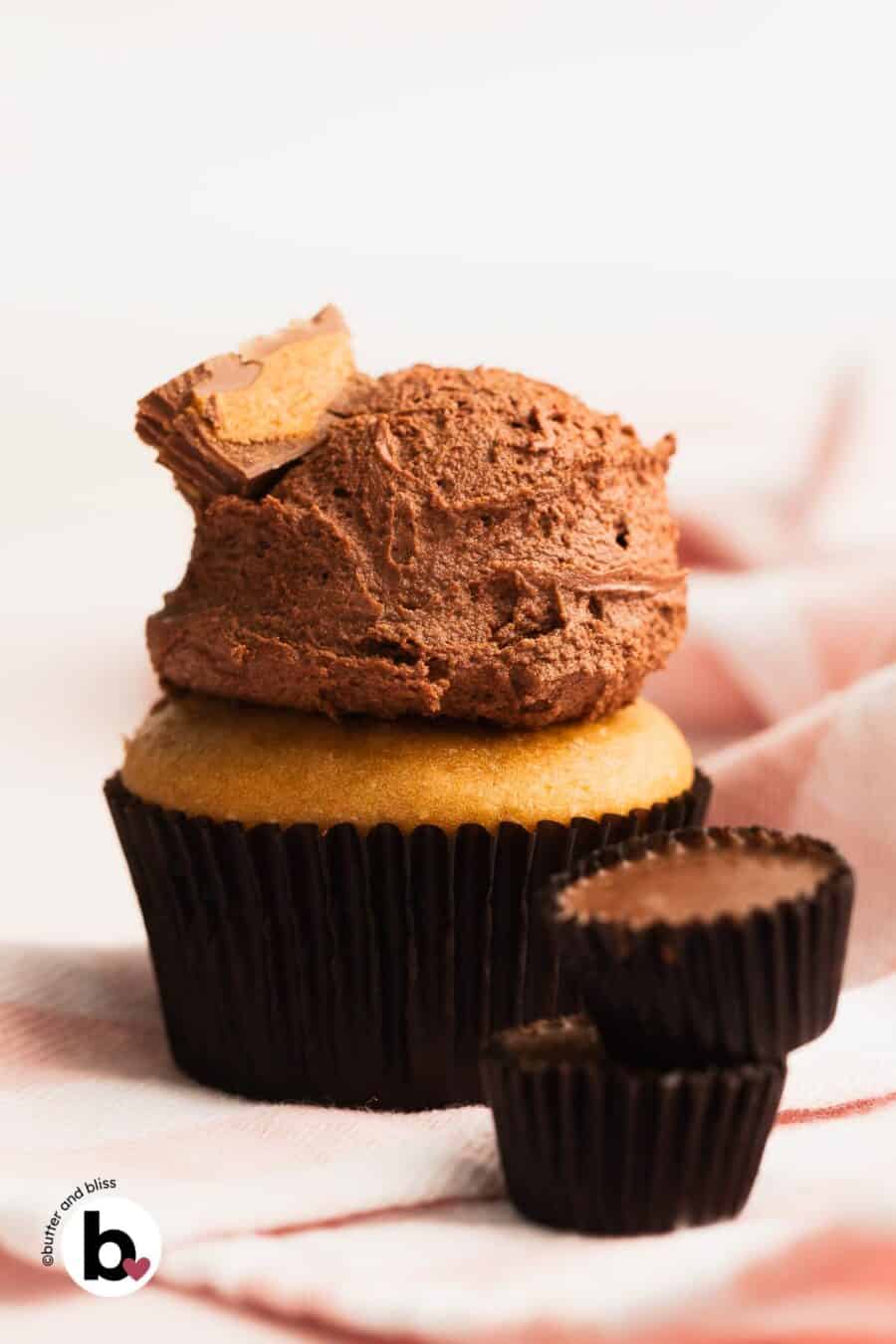 A single peanut butter cupcake topped with chocolate frosting.