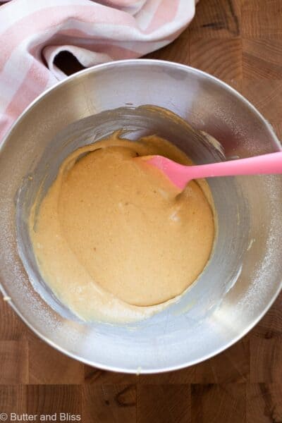 Peanut butter cupcake batter in a mixing bowl.
