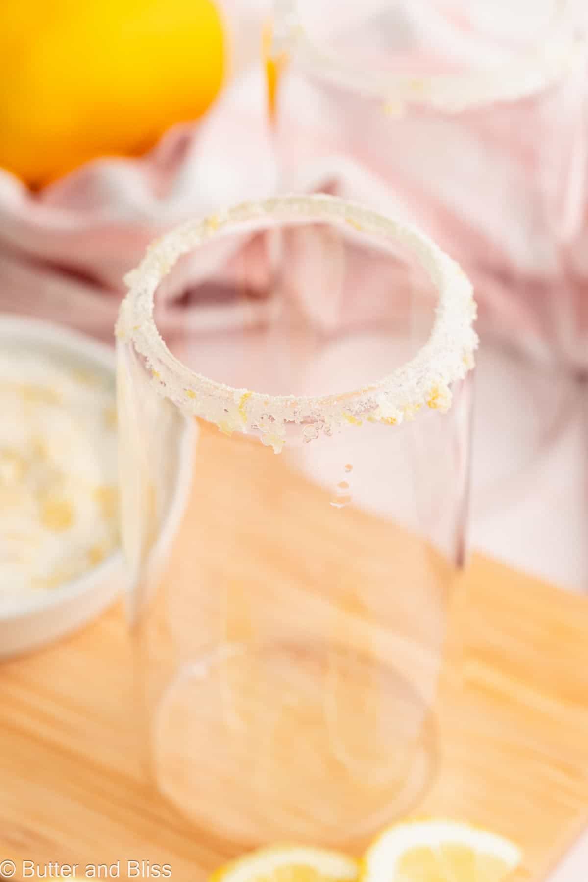 Lemon sugar rim on a glass.