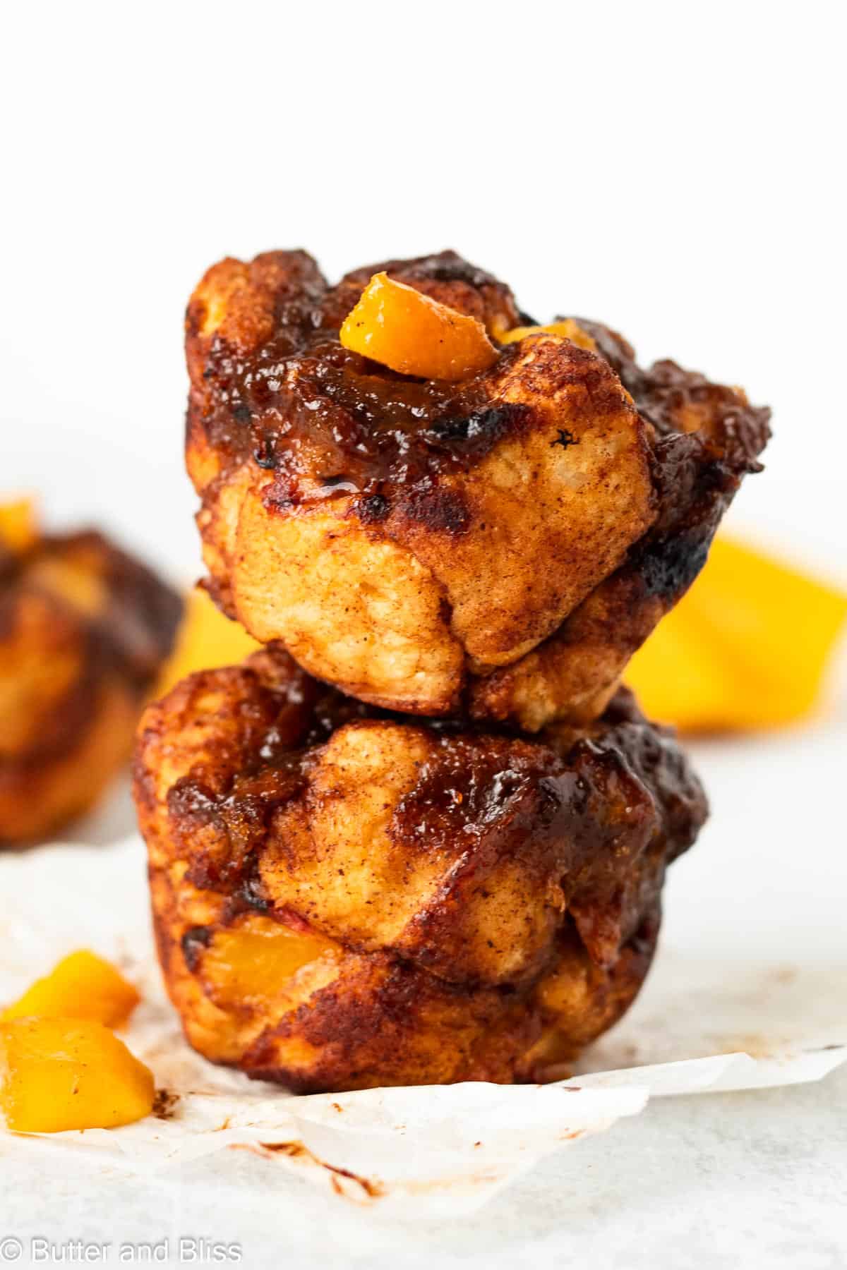 Fruity monkey bread muffins in a stack.