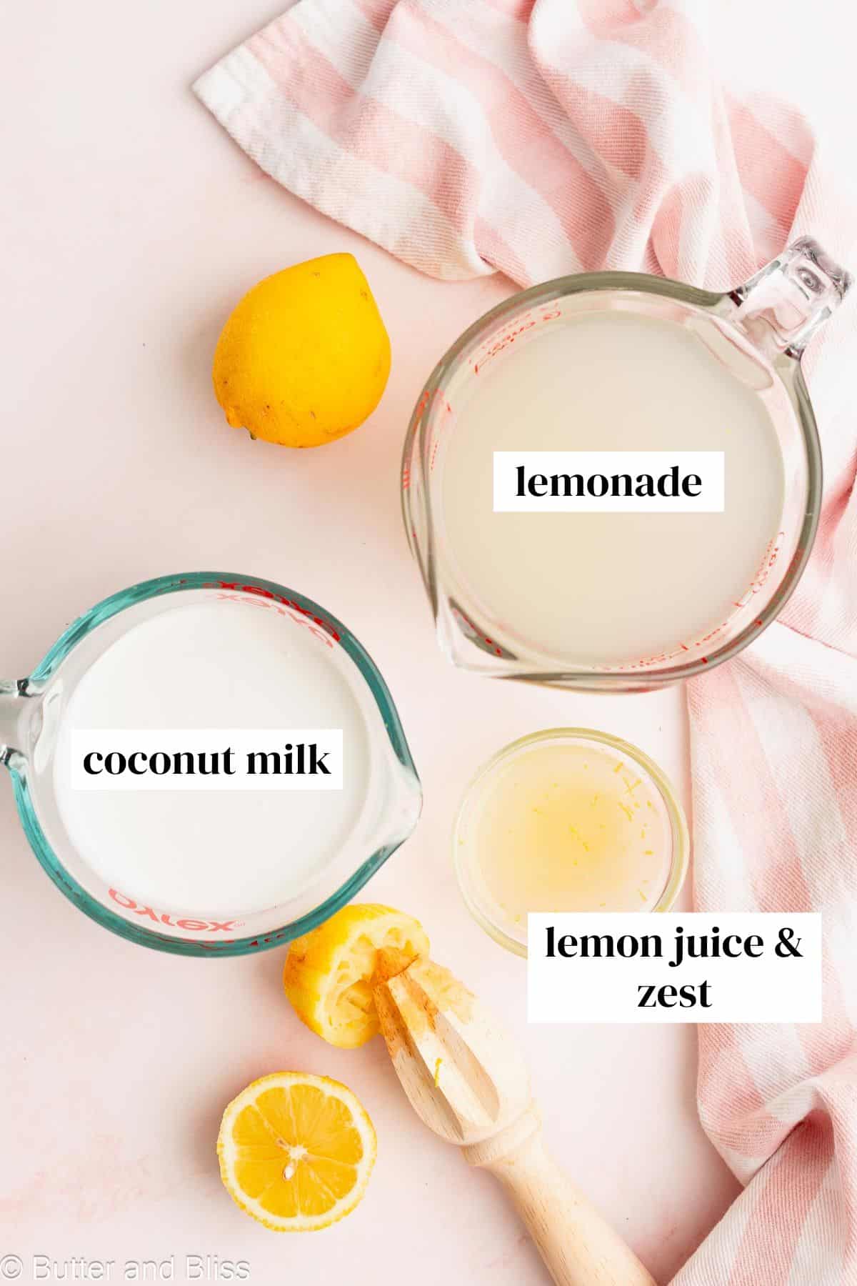 Ingredients for a refreshing tart and sweet summer drink in measuring cups.