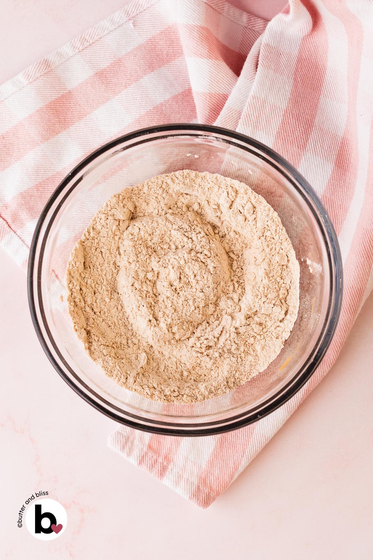 Dry cake ingredients in a mixing bowl.