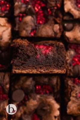 Fudgy inside of a raspberrie brownie square.