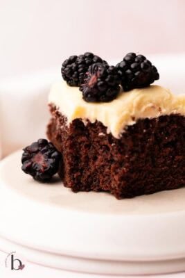 Single slice of moist chocolate cake with vanilla frosting and berries.