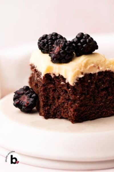 Single slice of moist chocolate cake with vanilla frosting and berries.
