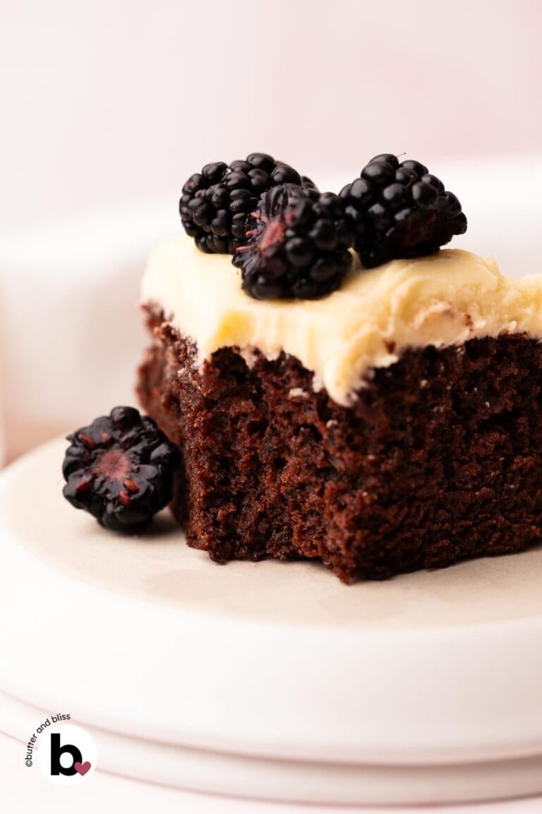 Single slice of moist chocolate cake with vanilla frosting and berries.