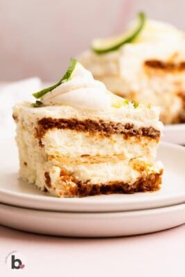 Layers of sweet and savory crackers in a slice of creamy lime icebox pie.
