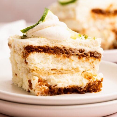 Layers of sweet and savory crackers in a slice of creamy lime icebox pie.