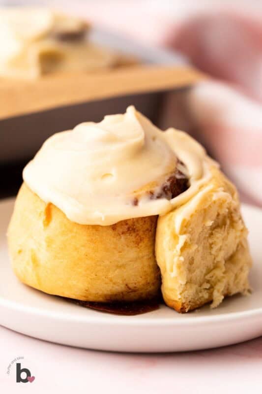 Delicious cinnamon roll topped with thick cream cheese icing.