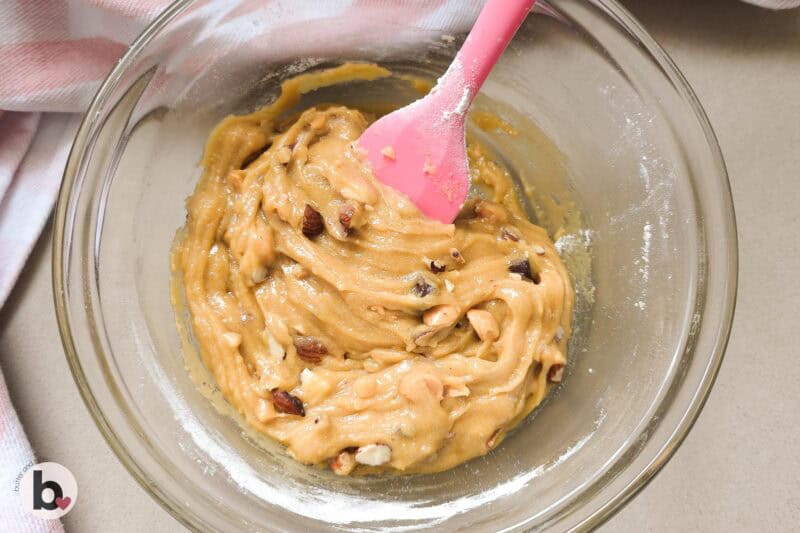 Nutty butterscotch blondies dough in a mixing bowl.