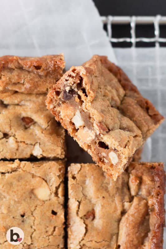 Small batch blondies cut into squares with chewy nut filled centers.