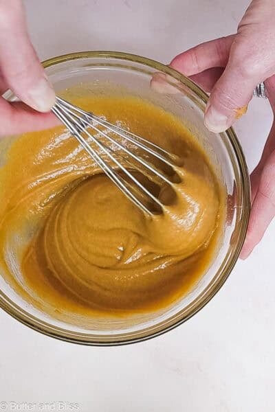 Creamy blondie batter after peanut butter is added.