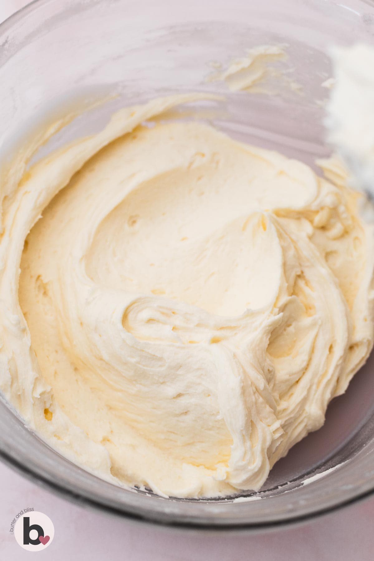 Small batch vanilla buttercream frosting in a mixing bowl.