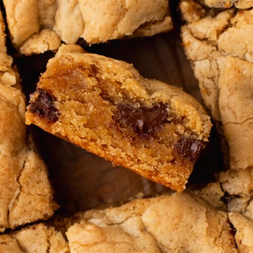 Gooey inside of peanut butter blondies cut into squares.