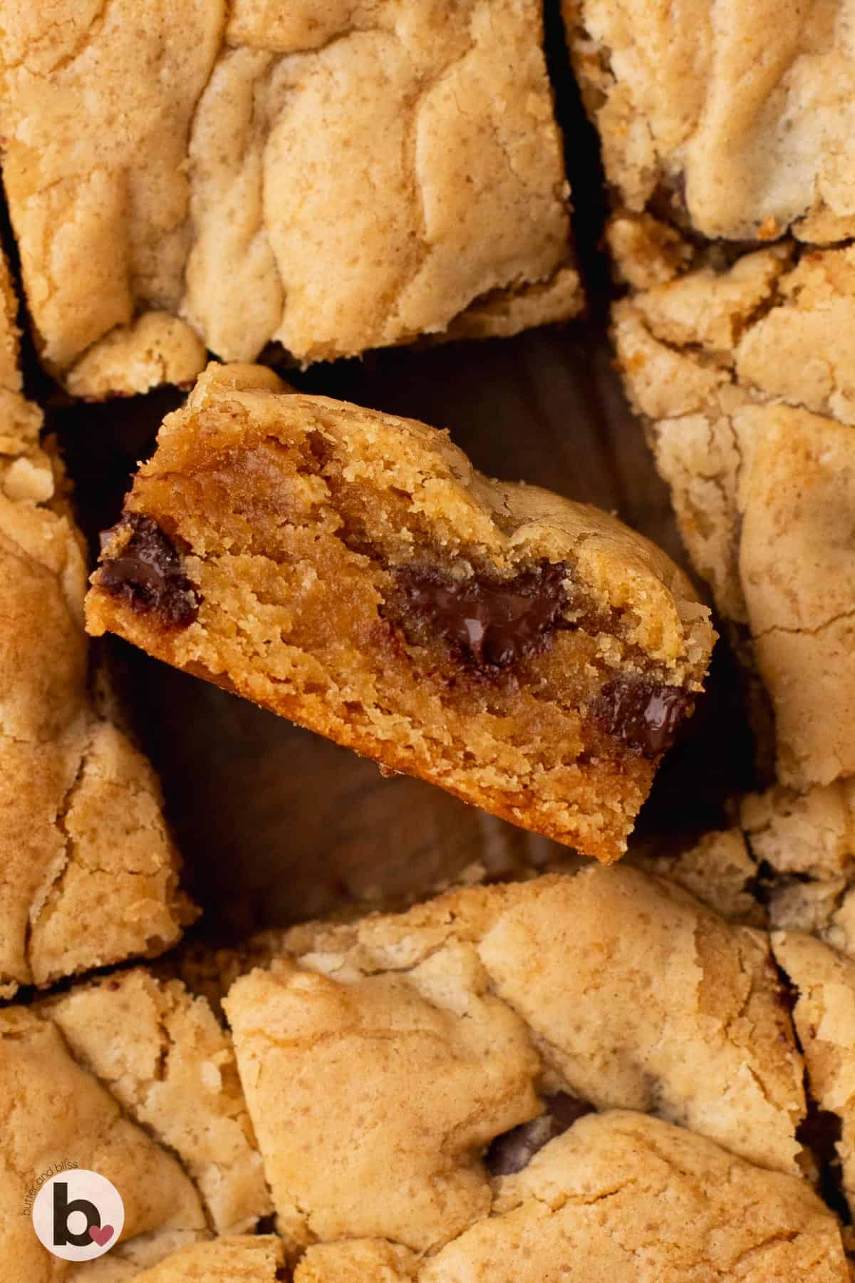 Gooey inside of peanut butter blondies cut into squares.