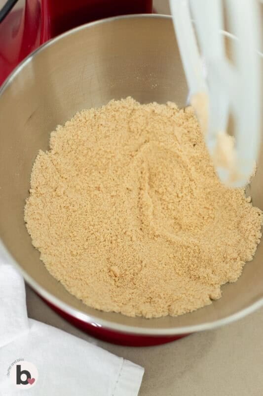 Dry ingredients mixed with butter in a mixing bowl.