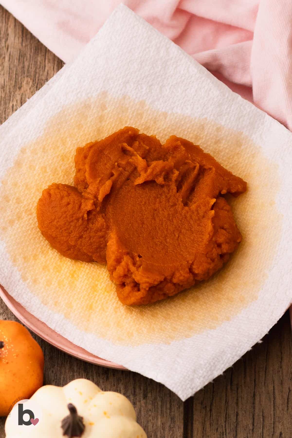 Pumpkin pureee on a paper towel.