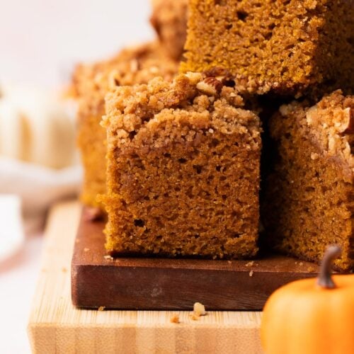 Moist inside of a almond streusel pumpkin bread square.