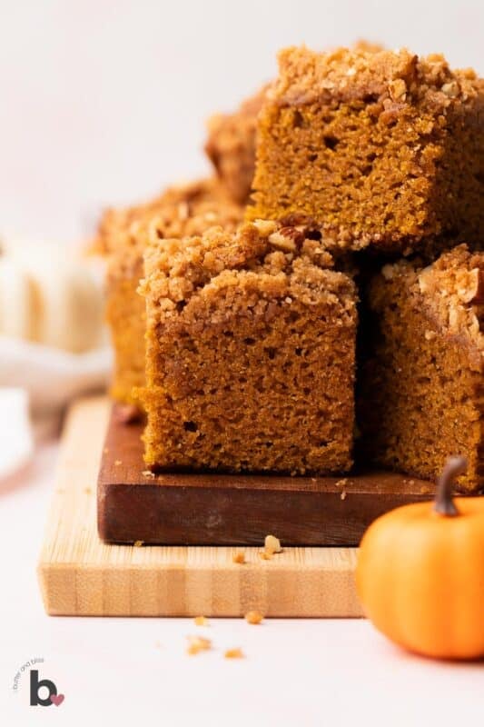 Moist inside of a almond streusel pumpkin bread square.