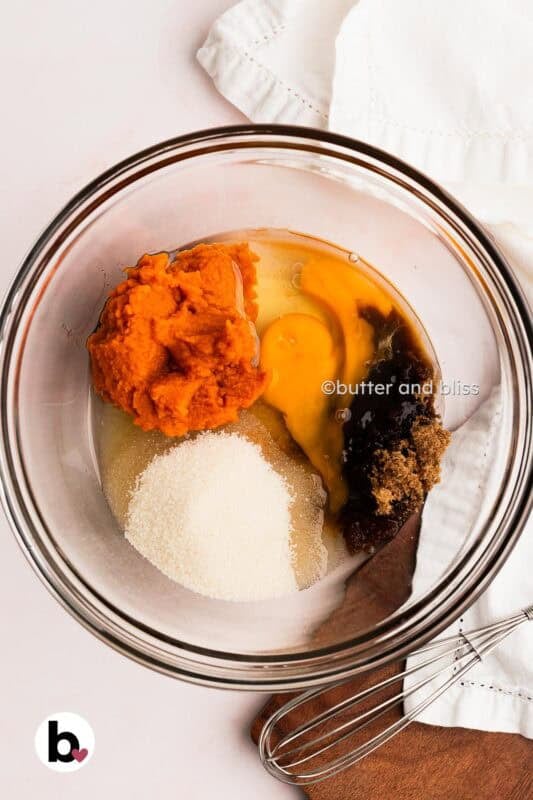 Butter and Bliss pumpkin bread ingrdients in a mixing bowl.