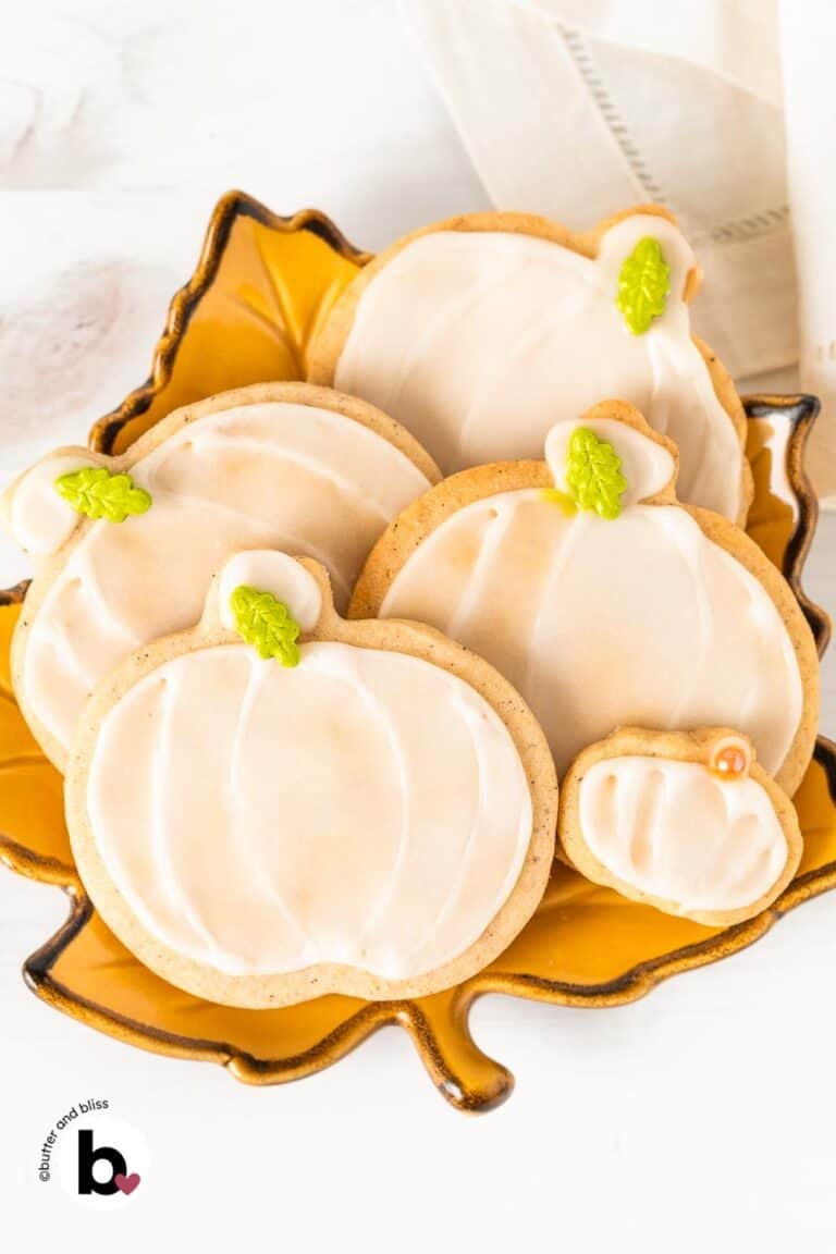 Small batch of decorated pumpkin spice sugar cookies arranged on a fall plate.