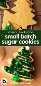 Small batch sugar cookies cut-out into decorated Christmas trees.