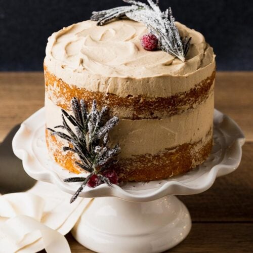 Small vanilla orange gingerbread layer cake with gingerbread mousse frosting.