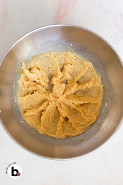 Creamed butter and sugar in a mixing bowl.