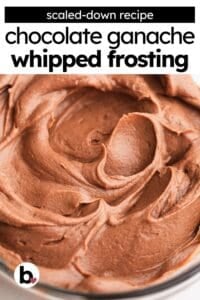 Pinterest pin of creamy whipped chocolate ganache in a mixing bowl.