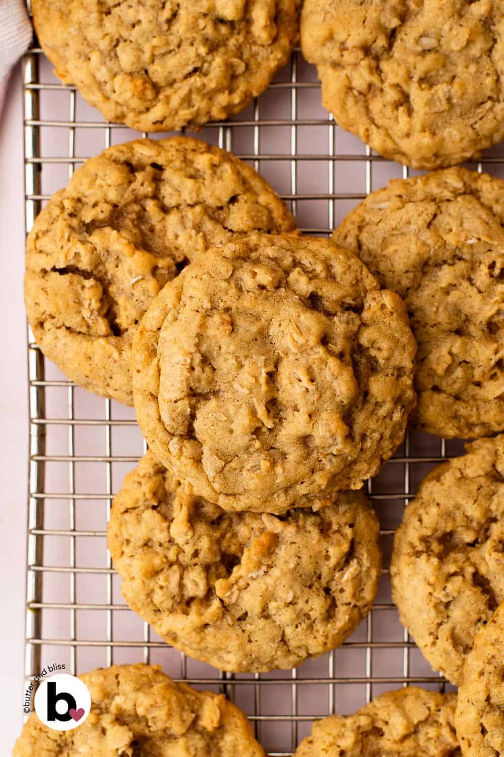 A stack of small batch chewy oatmeal cookies on a wire cooling rack.