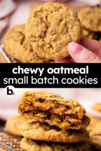 Chewy inside of the best oatmeal cookie for a Pinterest pin.