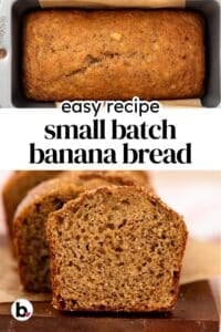 Small batch banana bread single loaf with moist, cut slice.