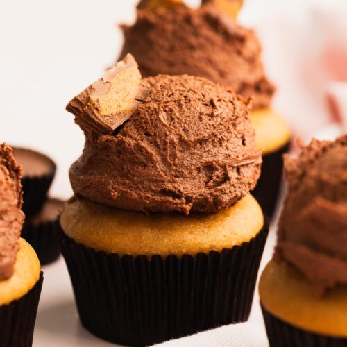 Chocolate frosted peanut butter cupcakes with a peanut butter cup candy garnish.