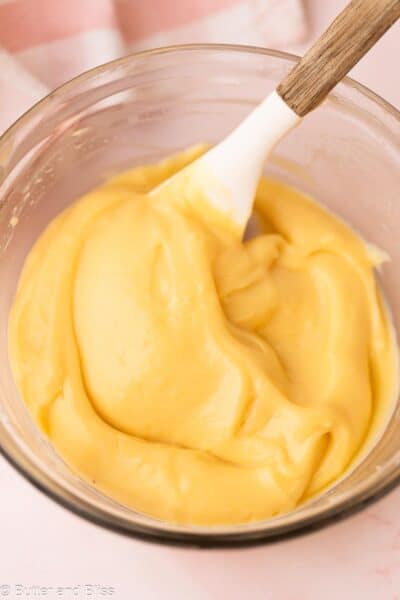 Swirls of pastry cream custard in a mixing bowl.