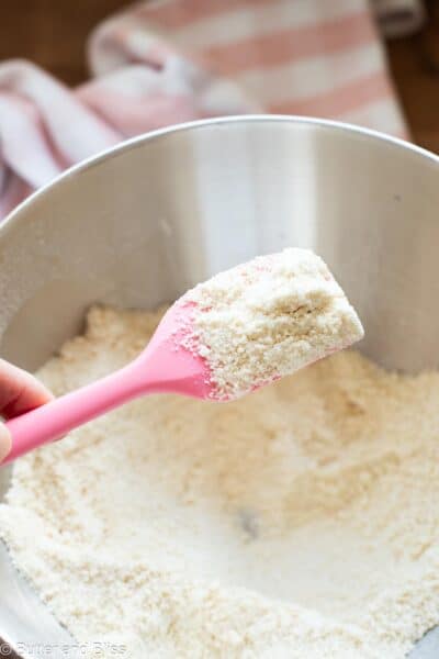 Reverse creaming sandy mixture after butter has been mixed with flour.