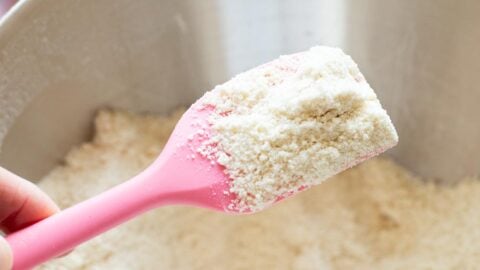 Reverse creaming sandy mixture after butter has been mixed with flour.