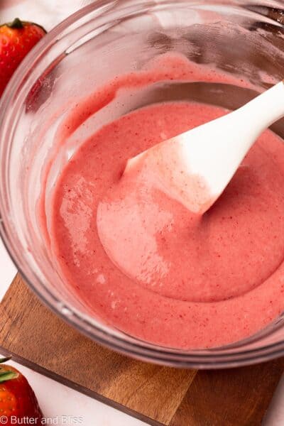 Strawberry glaze mixed in a mixing bowl.