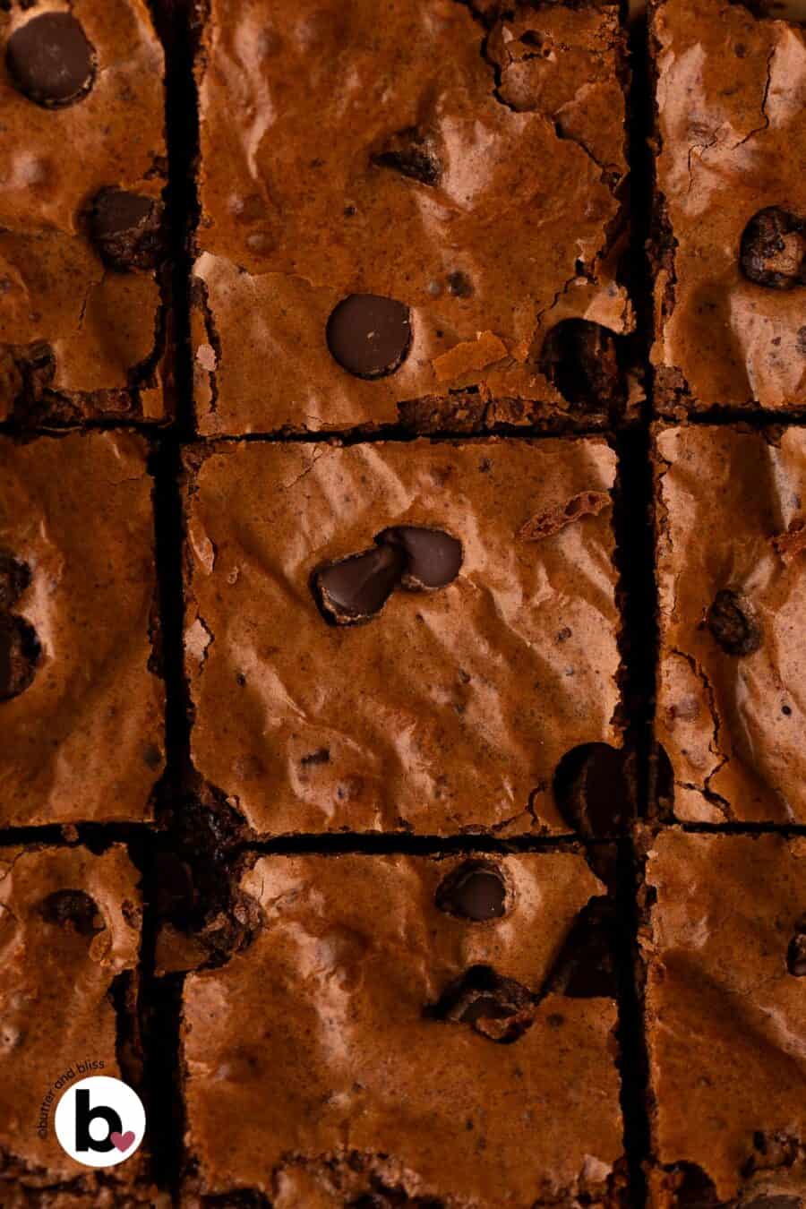 Shiny top brownies with papery thin crust studded with chocolate chips.