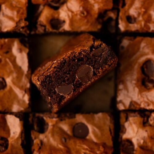 Fudgy inside of a brownie square surround by crinkly top brownies.