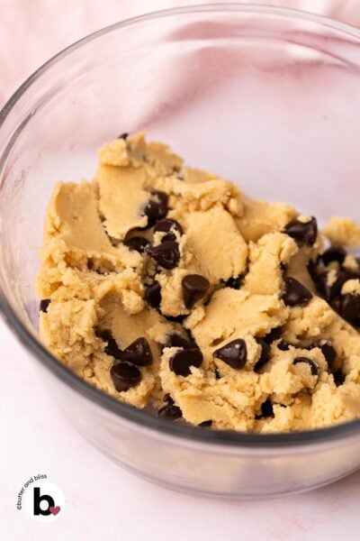 A bowl of edible chocolate chip cookie dough.