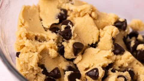 A bowl of edible chocolate chip cookie dough.