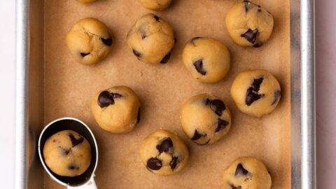 Edible cookie dough rolled into balls to make cookie dough bites.