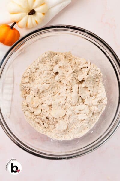 Flaky discs of butter mixed into dry ingredients in a mixing bowl.