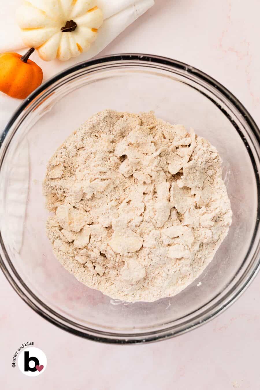 Flaky discs of butter mixed into dry ingredients in a mixing bowl.